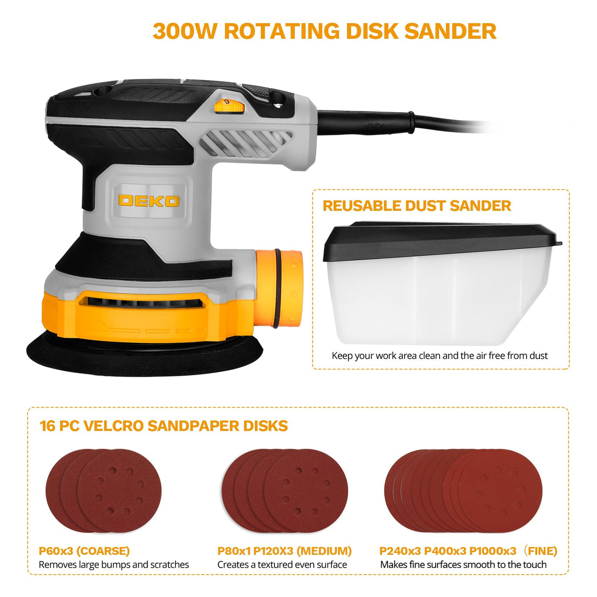 Orbital Sander Corded Hand Sander: DEKOPRO 20V 5" Random Orbital Sander with Dust Box, 6 Various Speeds Electric Palm Sander with Dust Box, 16Pcs Sandpapers for Woodworking & Sanding-Yellow DEKOPRO