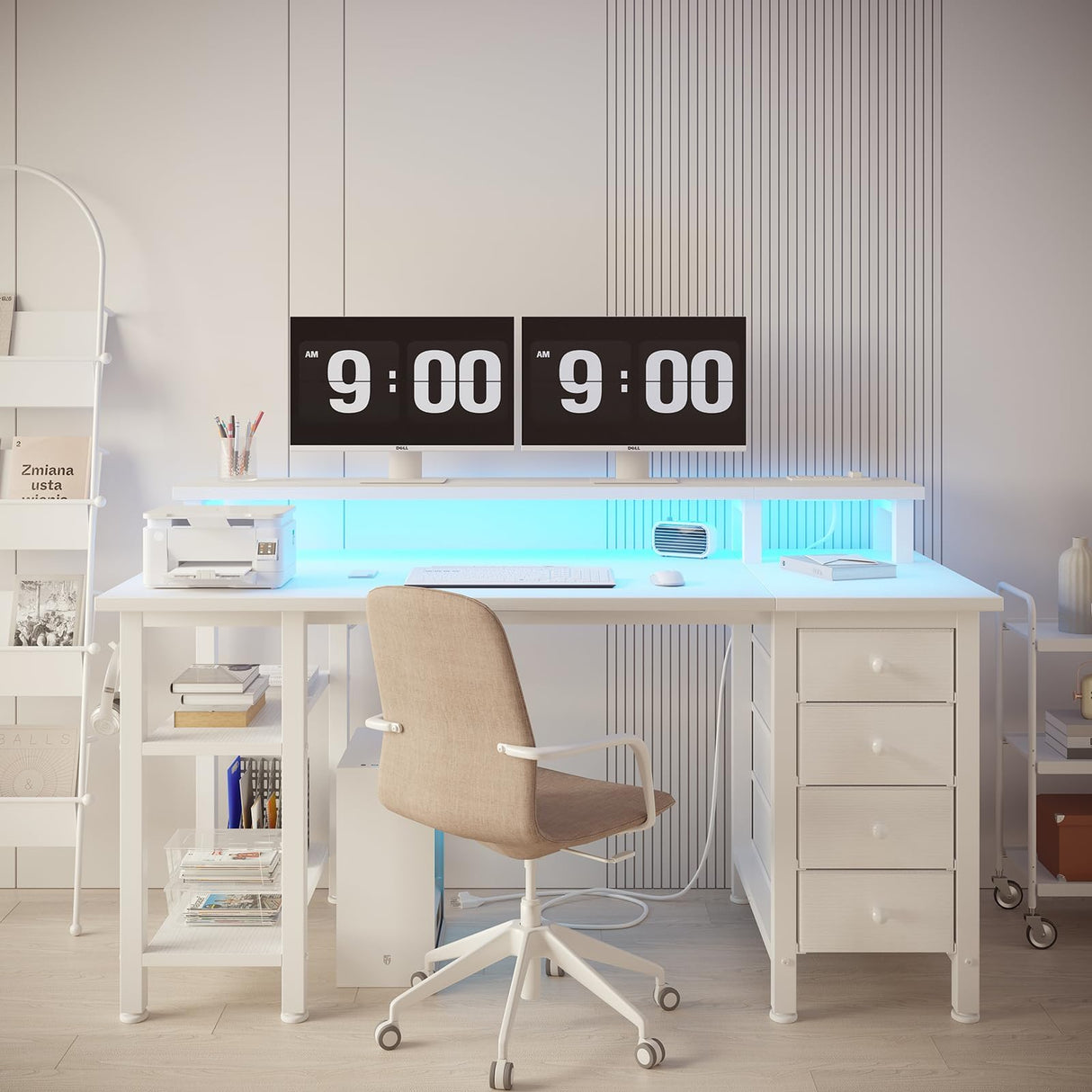 Lufeiya White Gaming Desk with LED Lights and Power Outlets, 47 inch Home Office Desk with Monitor Stand, Computer Gaming Desk with Fabric Drawers and Storage Shelves, White Lufeiya