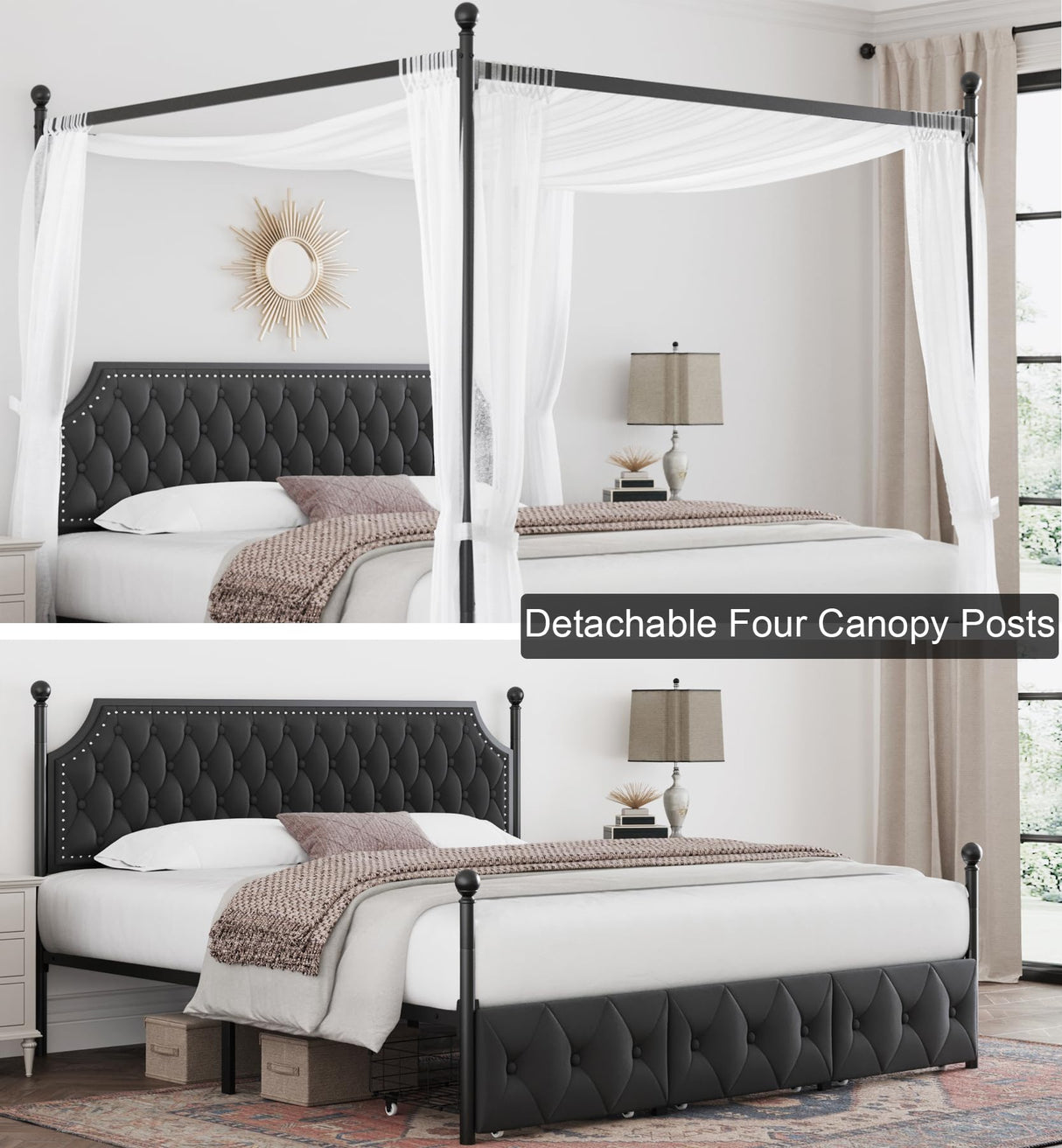 Keyluv King Upholstered Canopy Bed Frame with 3 Drawers and Button Tufted Headboard Metal Platform Bed with 4 Removable Posts Two-Purpose Velvet Bed No Box Spring Needed Dark Grey/Curtain Not Included Keyluv