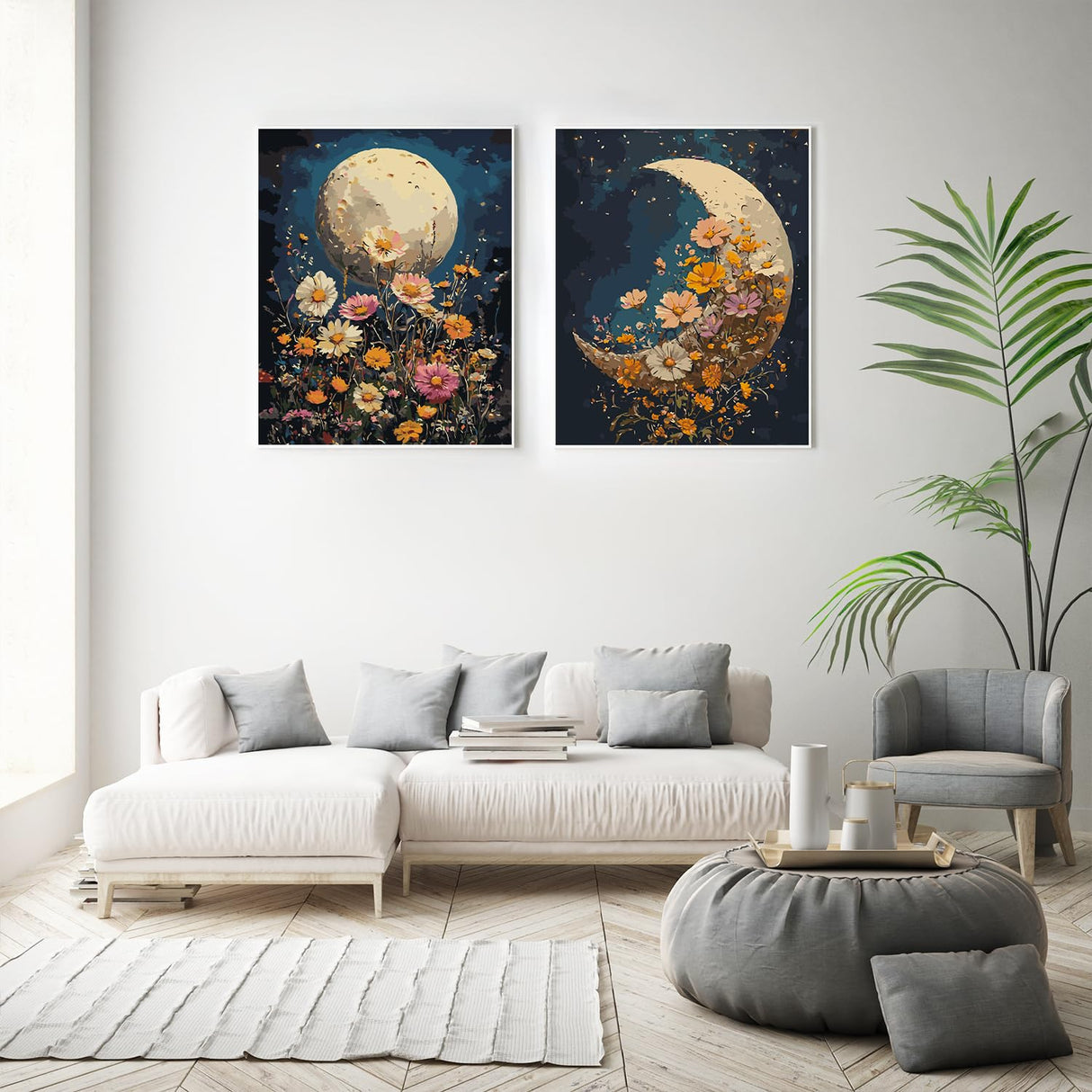 2 Pack Paint by Numbers Kit for Adults Beginner, Moon Flowers Adult Paint by Number Kits on Canvas, DIY Acrylic Number Painting for Adults for Home Decor Gift 16x20 Inch Possoco