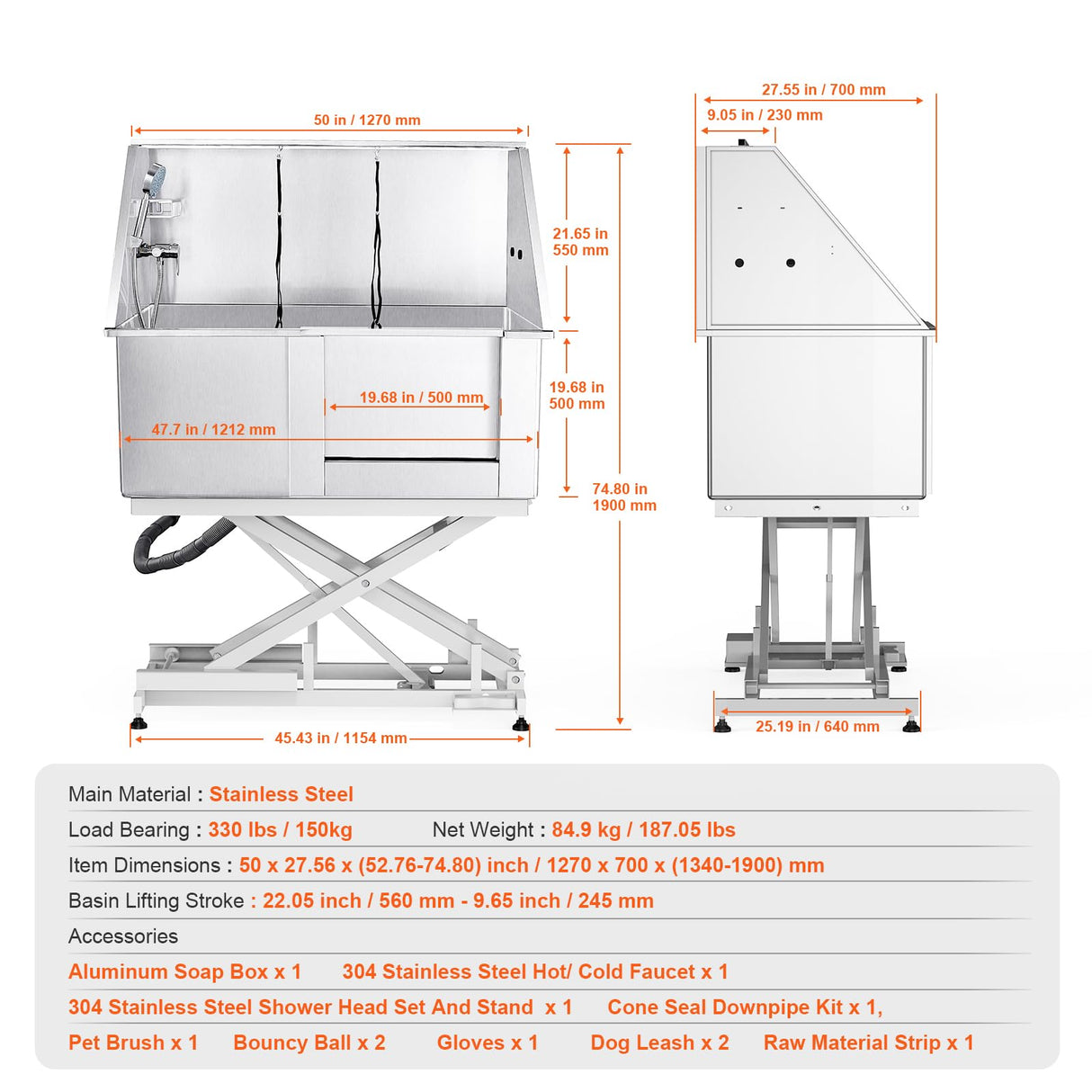 Happybuy 50" Pet Dog Bathing Station with Electric Height Adjustment, Stainless Steel Dog Grooming Tub with Soap Box, Faucet, Accessories, Bathtub for Multiple Pets, Home Washing Sink (Right Side) Happybuy