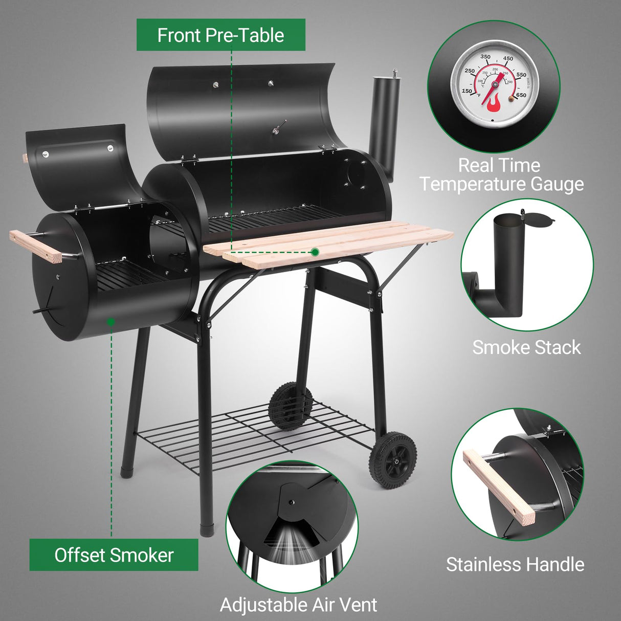 Outvita BBQ Charcoal Grill, Outdoor Patio Barbecue Cooker with Offset Smoker, Wheels and Tray for Balcony Picnics, Party and Camping Outvita