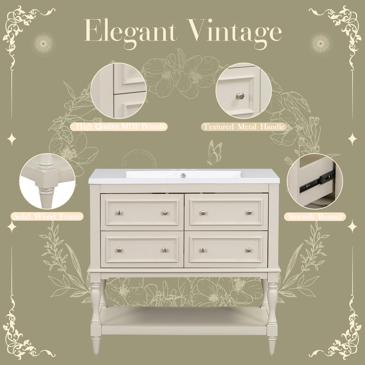 LUMISOL 36" Bathroom Vanity with Sink, Courtly Style Bathroom Vanities with 4 Drawers & Open Shelf, Single Bathroom Vanity with Undermount Sink, Solid Wood Bathroom Cabinet, Beige LUMISOL