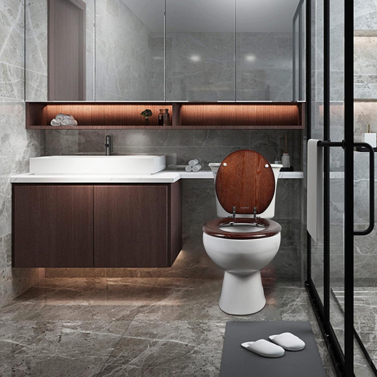 Angel Shield Elongated Wood Toilet Seat with Quiet Close,Easy Clean,Quick-Release Hinges(Elongated,Dark Walnut) Angel Shield