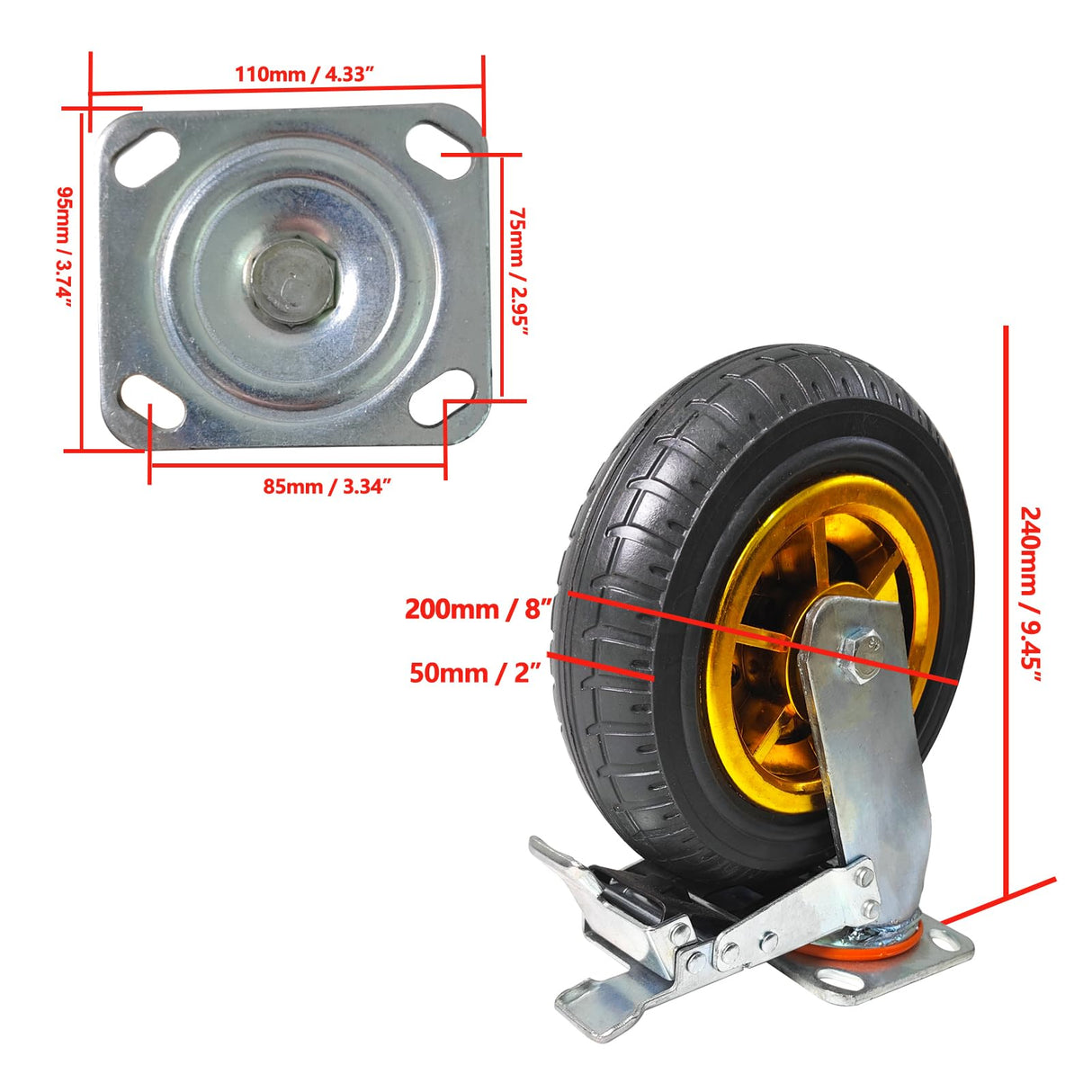 GaeaAuto 8 Inch Heavy Duty Casters Wheels Set of 4 Swivel Industrial Casters Rubber Wheels Tires for Cart Bench Shop Dolly Outdoor Wheels Replacement with 2 Brake and 3000Lbs Load Capacity, 4 Pack GaeaAuto