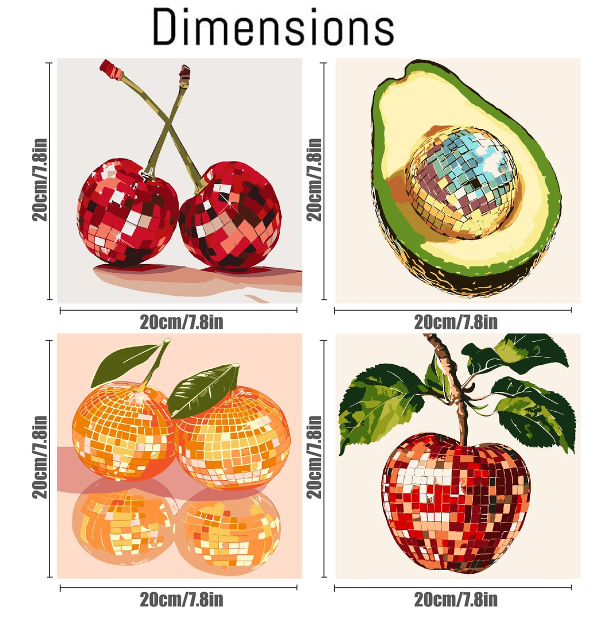 4 Pack Disco Ball DIY Paint by Number Beginners,Fruit Oil Painting Adults' Paint-by-Number Kits,Acrylic Paint Kit with Frame for All Ages,Easy Paint by Numbers Kids on Canvas 8x8inch Canrichshop