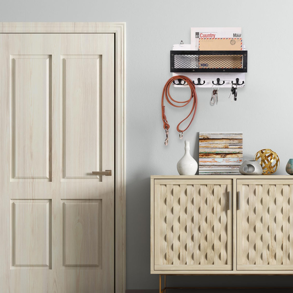 ADIIL Mail and Key Holder for Wall Decorative, Wooden Wall Key Rack Organizer with 4 Double Key Hooks, Wall Mount Key Hanger for Wall with Shelf, Rustic Home Decor for Entryway Hallway, White ADIIL