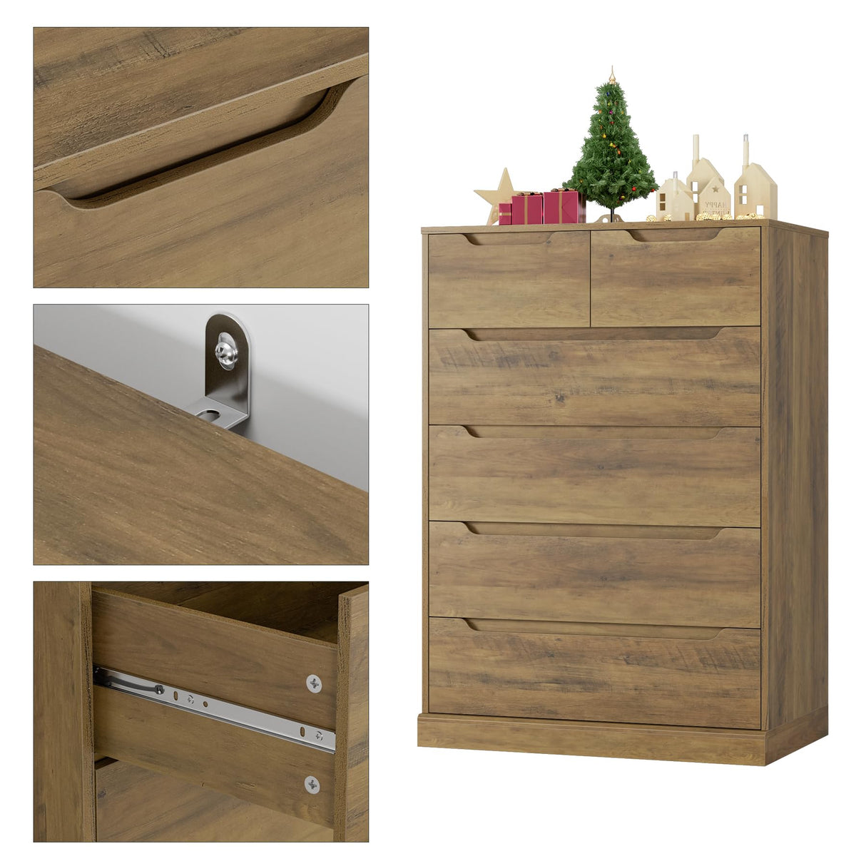 HOSTACK Modern 6 Drawer Dresser for Bedroom, Tall Chest of Drawers with Storage, Large Wood Storage Chest Organizers with Cut-Out Handles, Accent Storage Cabinet for Living Room, Hallway, Rustic Brown HOSTACK