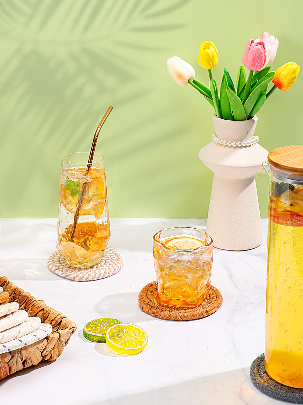 Coasters for Drinks & Water Hyacinth Storage Basket Set- 6 Styles 12 Pcs Boho Absorbent Coasters for Coffee Table, Large Hand Woven Wicker Basket for Home Decor ANPHSIN