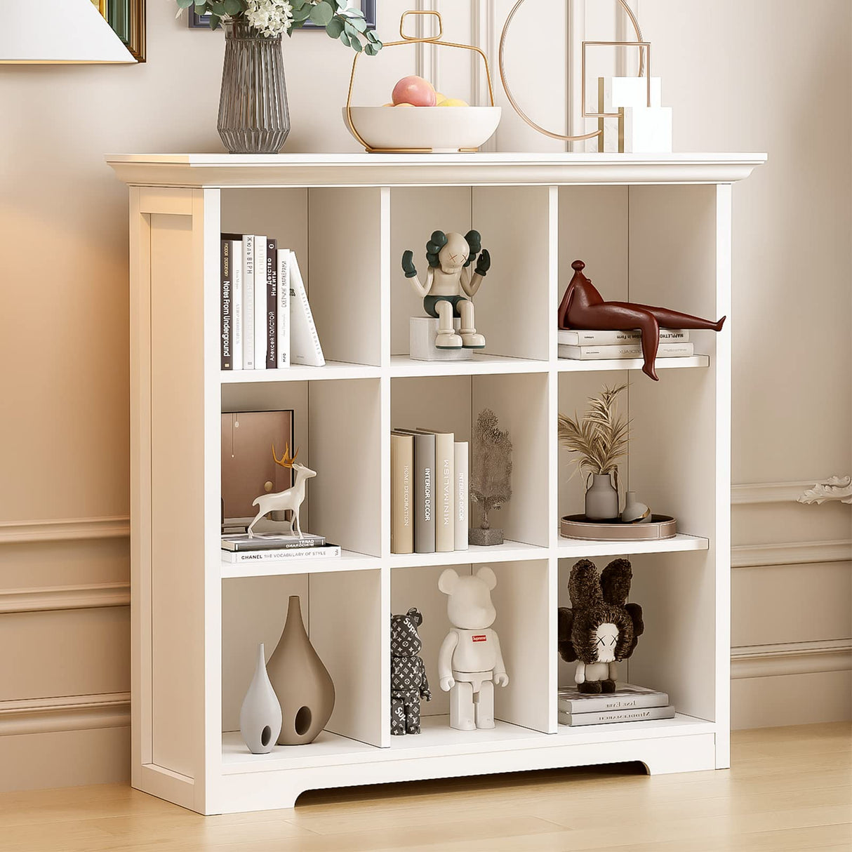 OSCHF Wooden Cube Shelf Bookcase - Modern 3 Tiers Floorstanding Open Bookshelf with Base for Home and Office, 9 Cubes Storage Cabinet, Warm White OSCHF