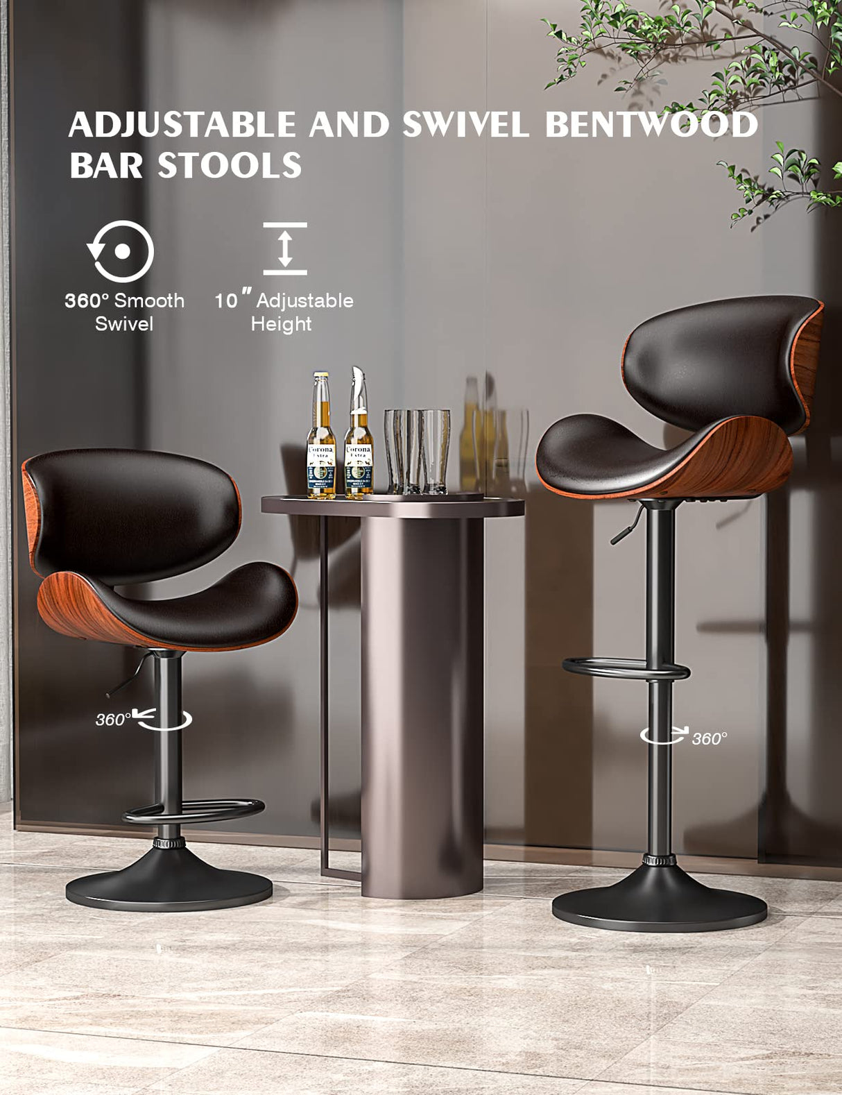 YaFiti Swivel Bar Stools Set of 2 for Kitchen Counter, Adjustable Bentwood Barstools, Modern PU Leather Upholstered Bar Chair with Back and Footrest, for Bar, Kitchen, Dining Room, Black YaFiti