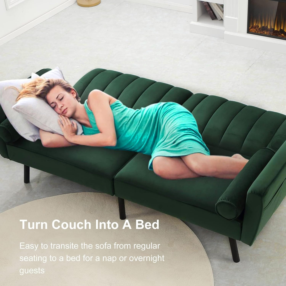 DURASPACE Velvet Loveseat, Sleeper Sofa Convertible Futon Couch with USB, 74" Loveseat Coach for Dorm, Apartment, Bonus Room,Compact Living Space (Green) DURASPACE