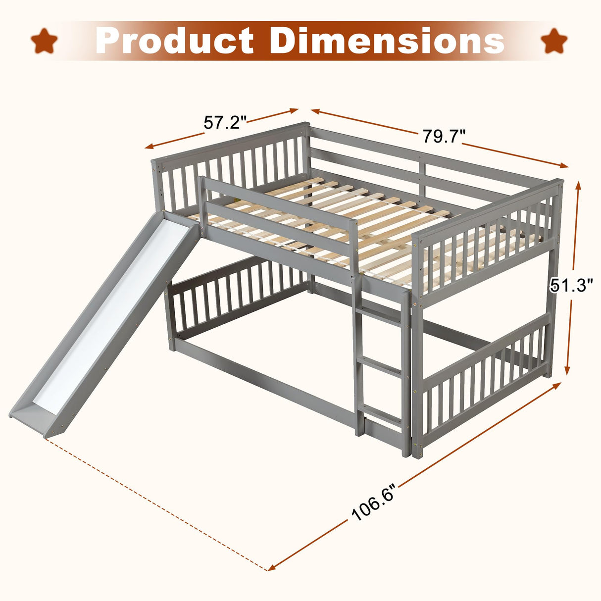 Osparple Full Over Full Bunk Bed, Kids Bunk Beds with Slide and Ladder, Wood Floor Bed Frames with Ladder for Teens, Girls or Boys, Gray/Grey Osparple