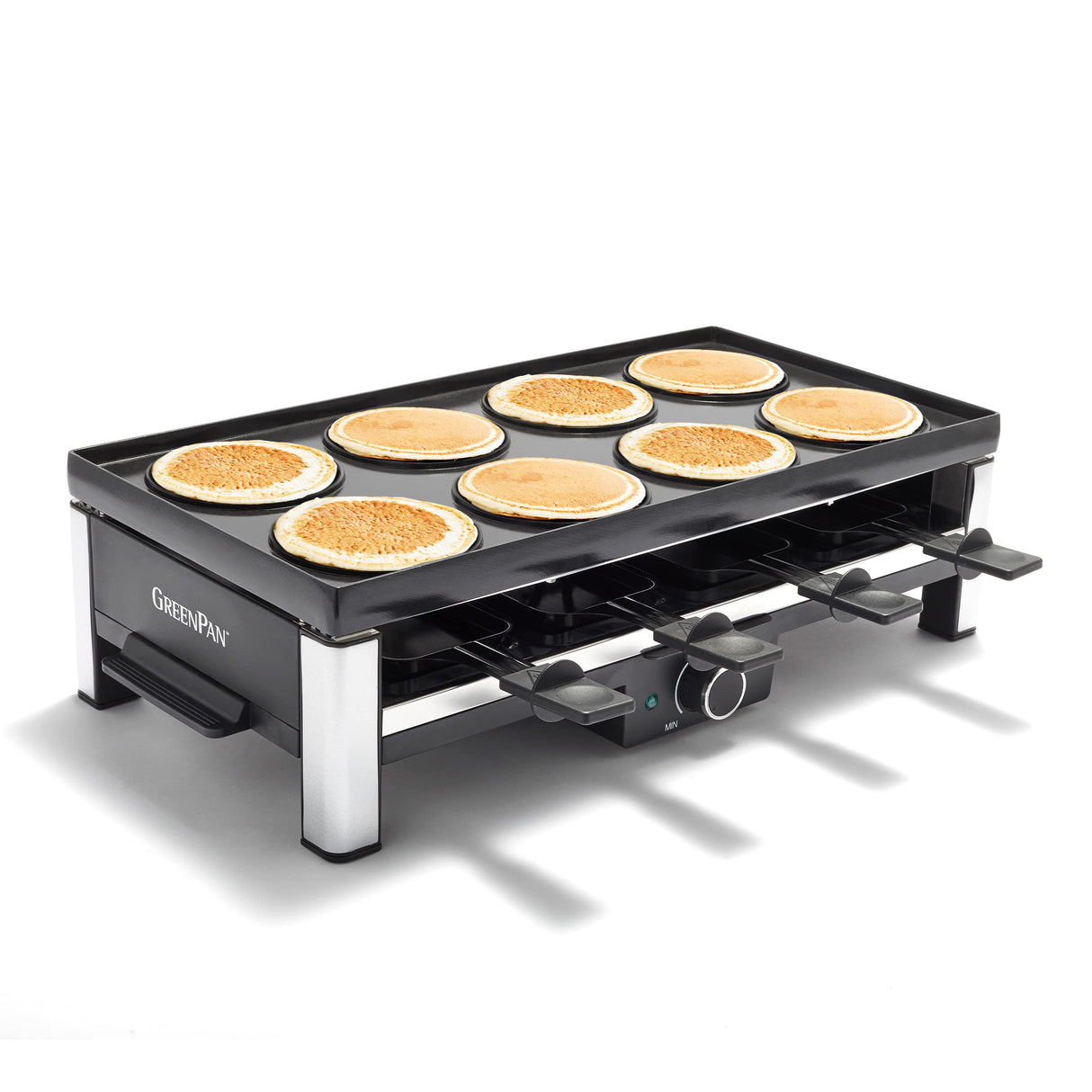GreenPan Electrics Healthy Ceramic Nonstick, 3-in-1 Reversible Grill, Griddle & Raclette, PFAS-Free, Serves up to 8 People for Parties &Family Fun, Pancake Plate, 8 Mini Square Nonstick Pans& Spatulas GreenPan