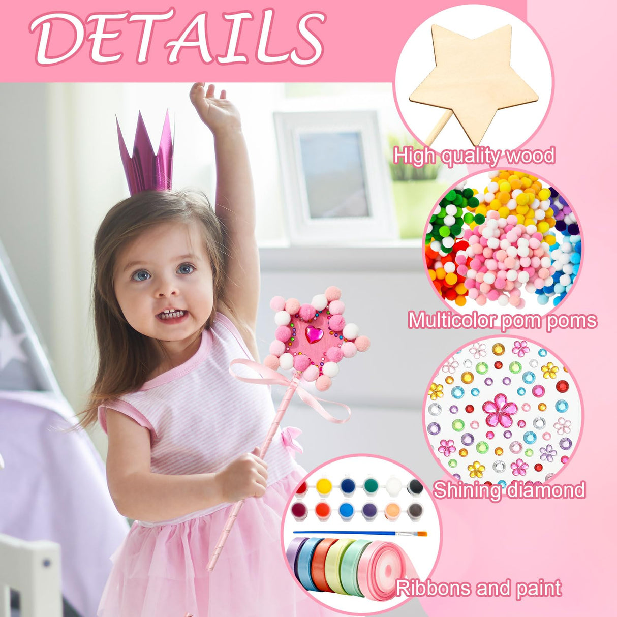 JarThenaAMCS 20 Pcs Princess Fairy Wands Kit Make Your Own Magic Wand Unfinished Wooden Fairy Wands with Ribbons Gem Stickers Felt Ball Paint Brush DIY Art Crafts for Birthday Party Supplies JarThenaAMCS