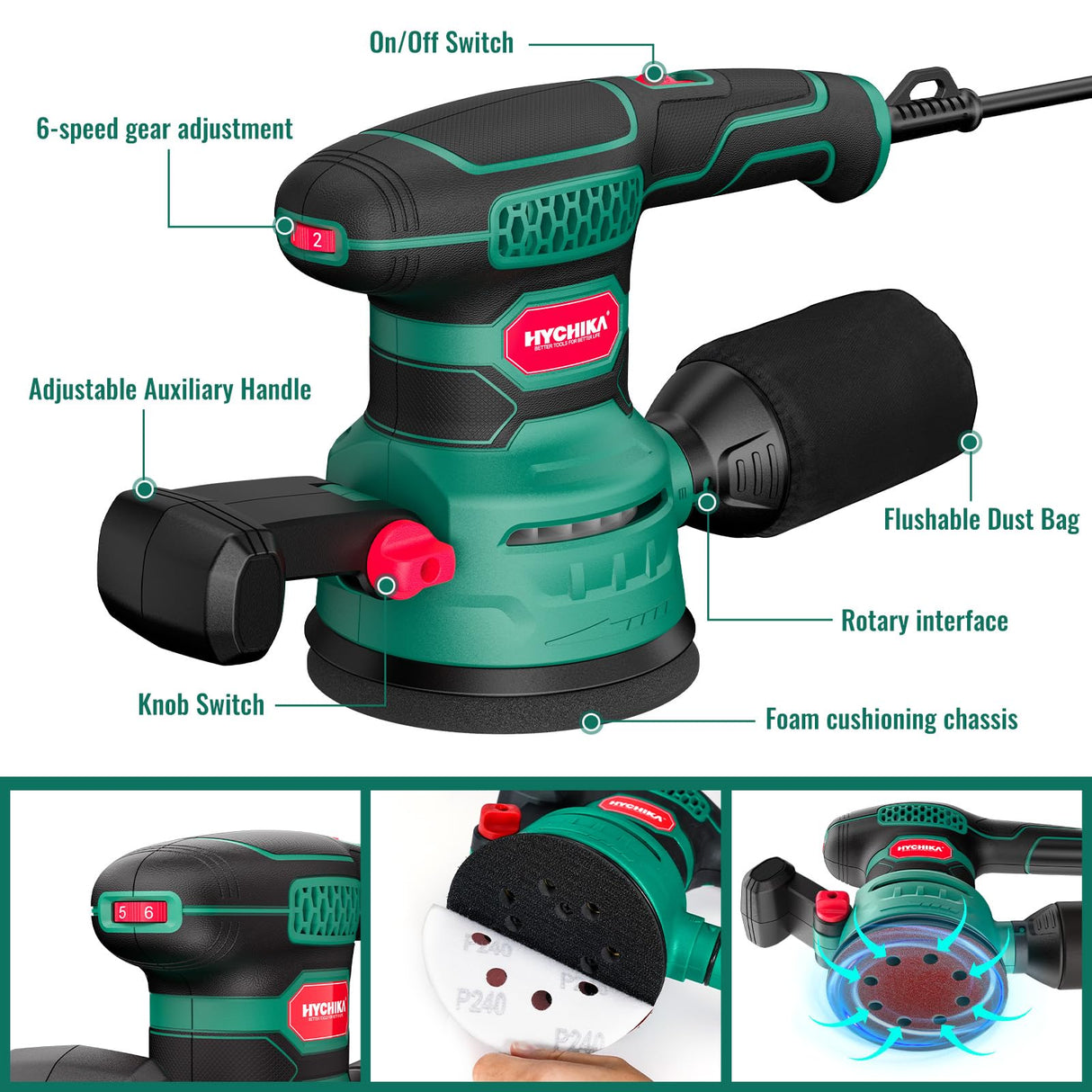 Orbital Sander 3.8Amp 450W, HYCHIKA 6 Variable Speeds Double Handle Palm Random Orbit Sander, 5-Inch Electric Sander with 20pcs Sandpapers, Dust Collector, Power Sander for Woodworking HYCHIKA BETTER TOOLS FOR BETTER LIFE