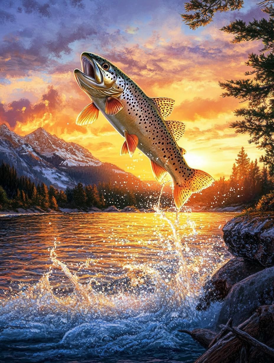 5D Trout Fish Jump from Water Sunset Diamond Art 12x16 Inch Full Drill Diamond Painting Kits for Adults & Beginners - DIY Art Crafts for Relaxation and Home Wall Decor WoodArtSupply