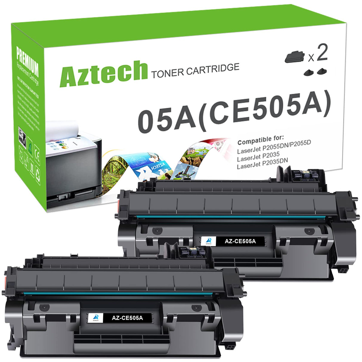 Aztech Compatible Toner Cartridge Replacement for HP CE505A 05A for HP P2035 P2035N P2055DN 2055DN 2035N P2030 P2050 P2055D P2055X 2055D 2055X Printer (Black 2-Pack) Aztech