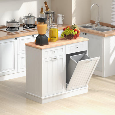 TOLEAD Double Tilt Out Trash Cabinet 20 Gallon,Antique-Style Beadboard Trash Can Cabinet Kitchen with Solid Wood Tabletop & Drawer, Pet Proof Trash Can, Wood Laundry Cabinet