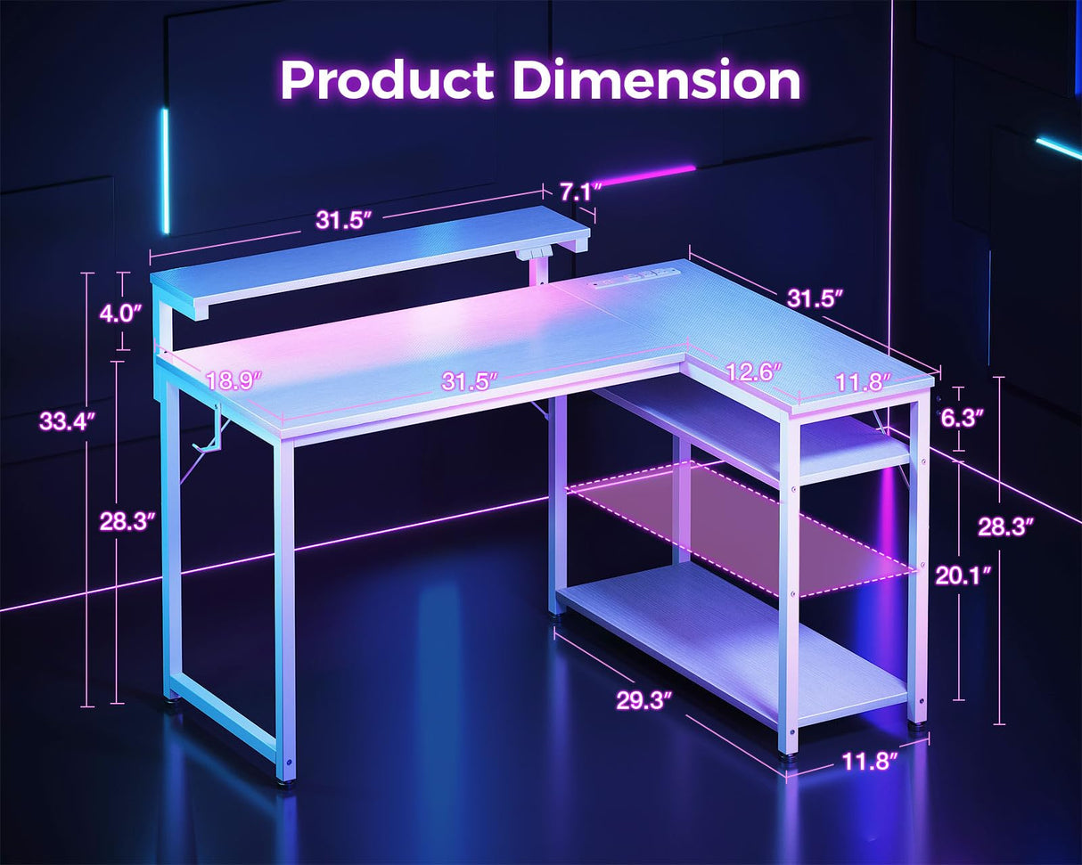 MOTPK White L Shaped Gaming Desk with Power Outlet, Reversible Computer Desk with Height Adjustable Monitor Stand, Coner Desk 43inch with LED Lights, Home Office Desk MOTPK