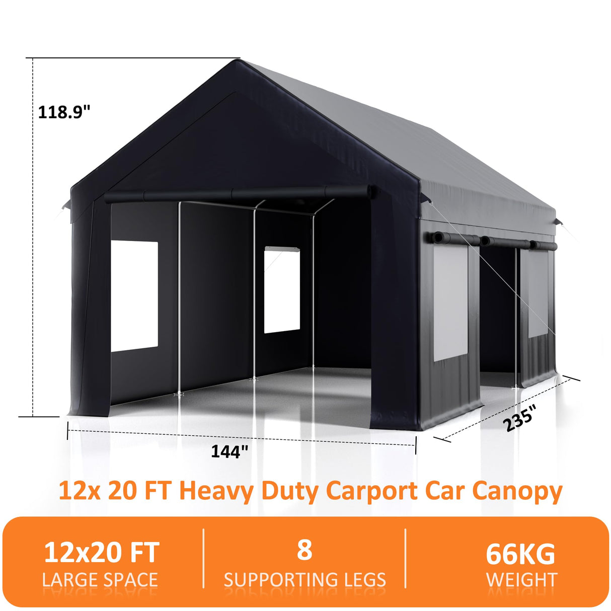 VIWAT Carport 12x20 FT Heavy Duty Carport Canopy with Enhanced Base & Side-Opening Door, Portable Garage for Pickup, Boats, Car and Truck, Black VIWAT