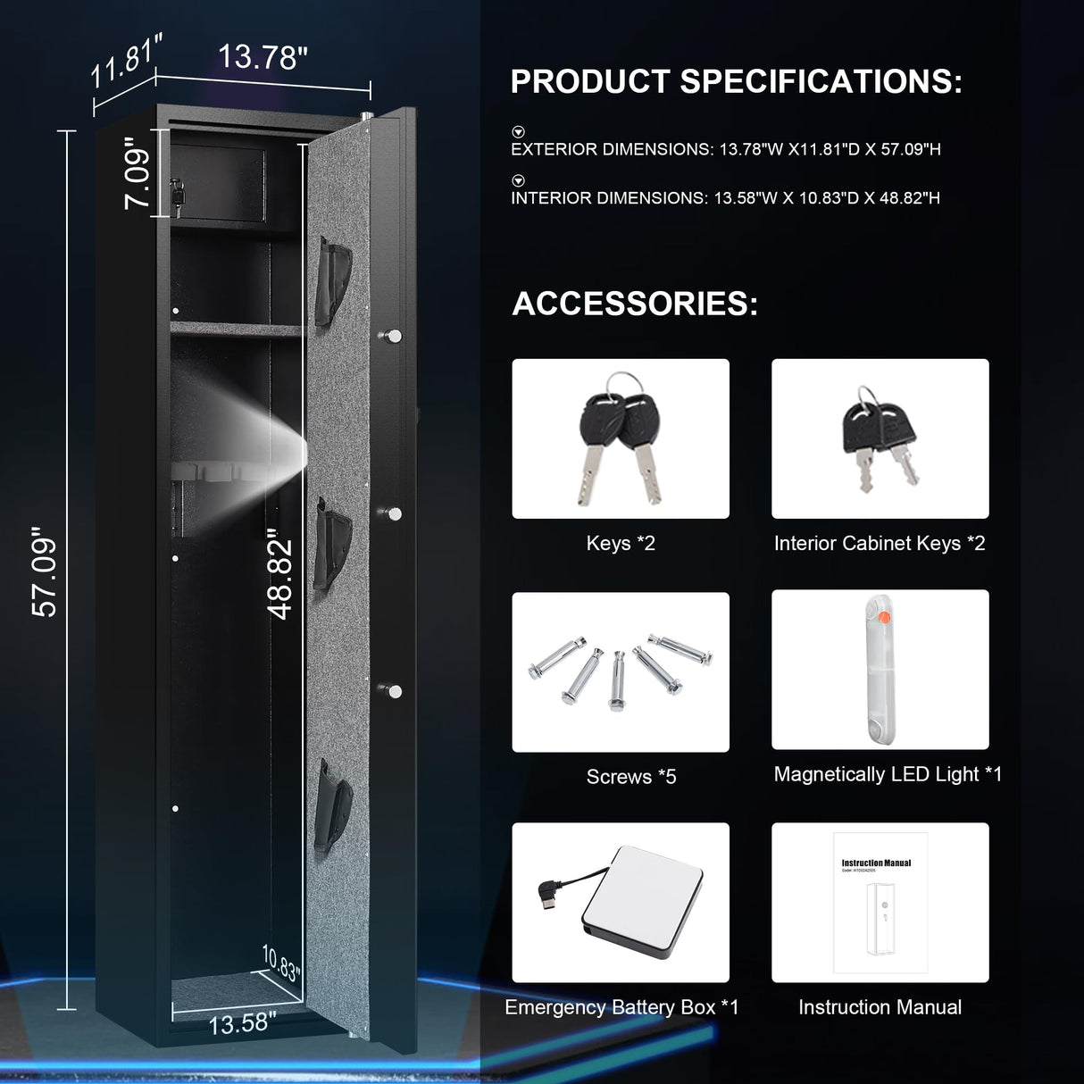 Marcree 5-6 Gun Safe for Rifles and Pistols, Gun Cabinets for Rifles and Shotguns, Long Gun Cabinet for Home with Alarm System, Gun Cabinet with Quick Access and Gun Rack Marcree