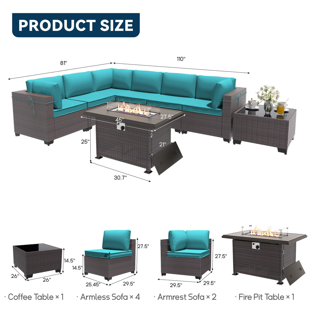 Trumbeak Patio Furniture Set with Fire Pit Table 8 Pieces Outdoor Sectional Sofa Set,PE Rattan Wicker Patio Conversation Set w/43in 55000 BTU Propane Fire Pit Table,Blue Trumbeak