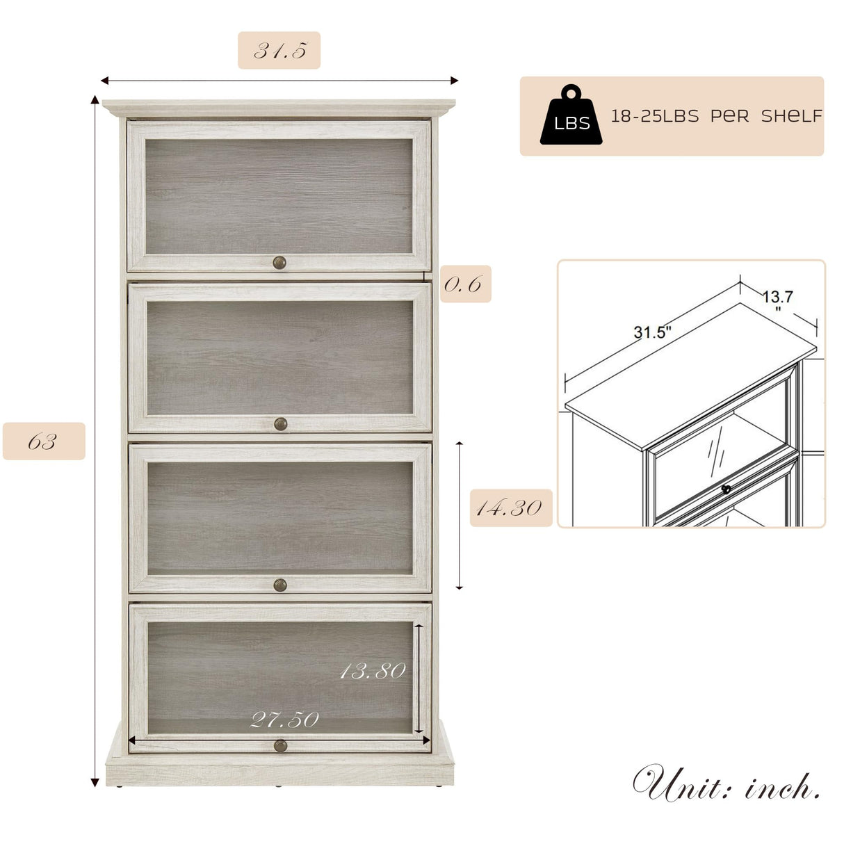 CKEASEAN Tall Bookcase with Glass Doors, 63" H Farmhouse Glass Curio Display Cabinet with Flip up Doors, Elegant Storage Cabinet with 4-Tier Shelves, Rack for Living Room (White) CKEASEAN