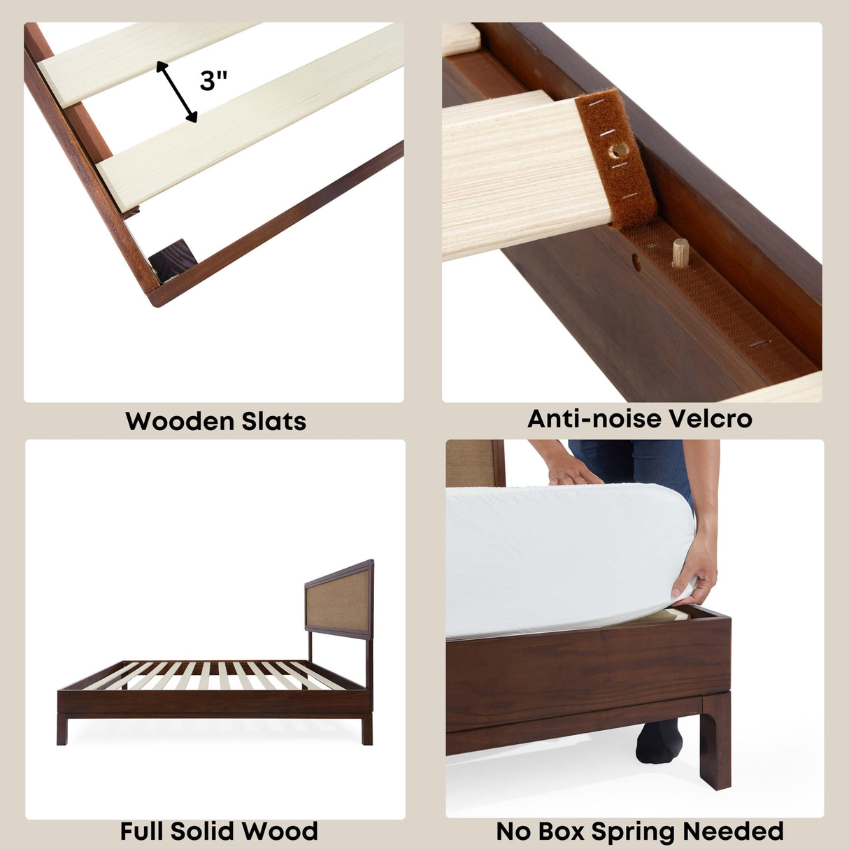 Bme Nipe 14 Inch Bohemian Bed Frame with Adjustable Woven Headboard - Rustic & Vintage Unique Style with Acacia Wood - No Box Spring Needed - Easy Assembly - Twin, Walnut Bme