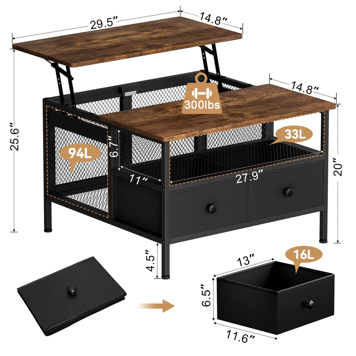 FABATO Lift Top Coffee Table, Square Coffee Table Metal Wood, Farmhouse Lift Up Coffee Table Cocktail Table with Wire Mesh Barn Door and Storage, Steel Frame, Small Tea Table for Living Room, Black FABATO