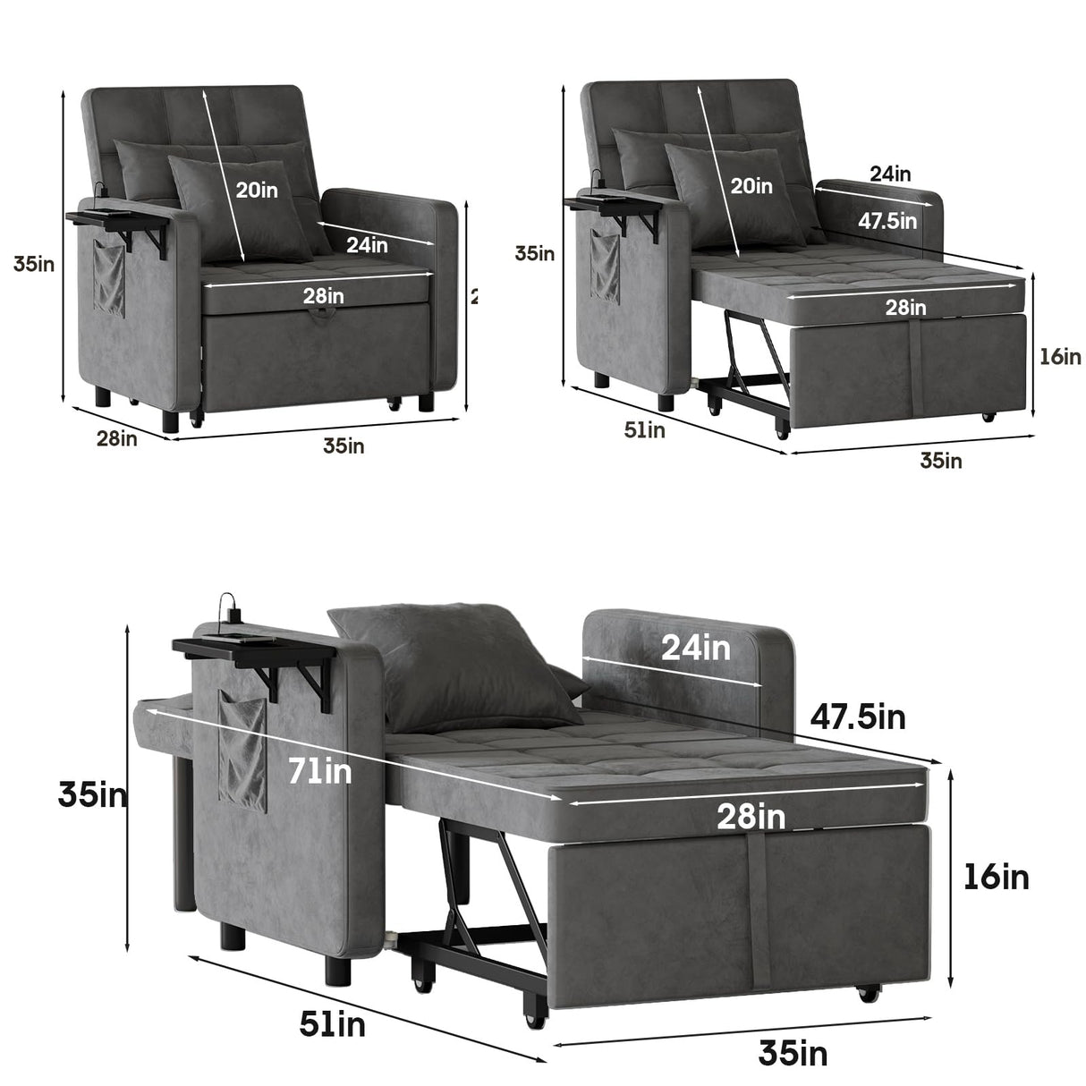 Vabches Sofa Bed Chair with Wing Table and USB Ports Outlet, 3-in-1 Sofa Chair Bed Couches with Two Pillows, Velvet Sleeper Chair with Adjustable Backrest, Easy Assembly, Dark Grey Vabches