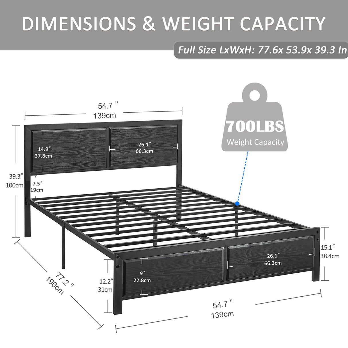 VECELO Full Size Bed Frame with Black Wood Headboard and Footboard, 14 Inch Platform Mattress Foundation, No Box Spring Needed, Heavy Duty Support, Easy Assembly VECELO