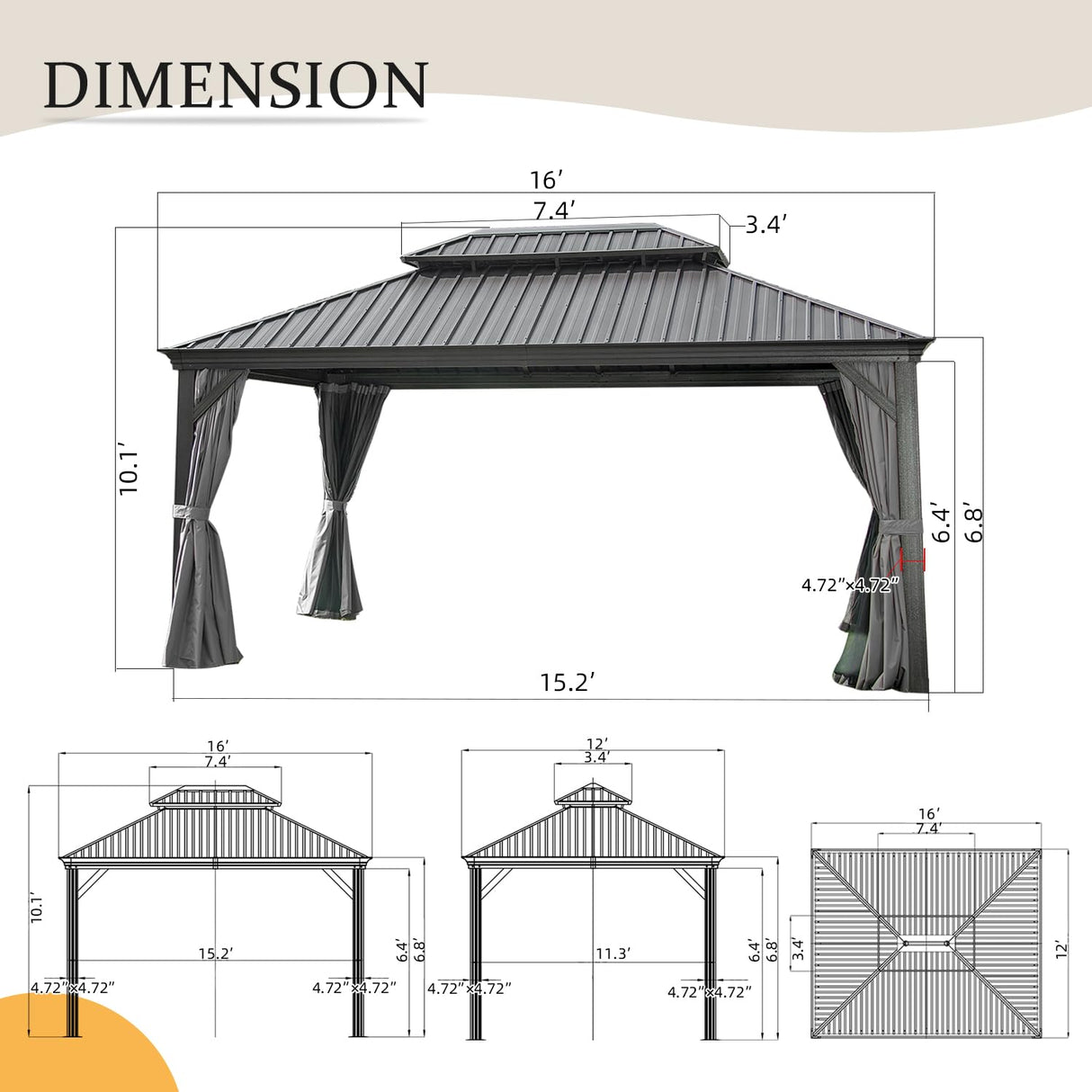 Domi 12' X 16' Hardtop Gazebo Outdoor Metal Gazebo with Galvanized Steel Double Roof Canopy, Aluminum Frame, Curtains and Netting for Patio, Deck, Garden, Grey domi outdoor living