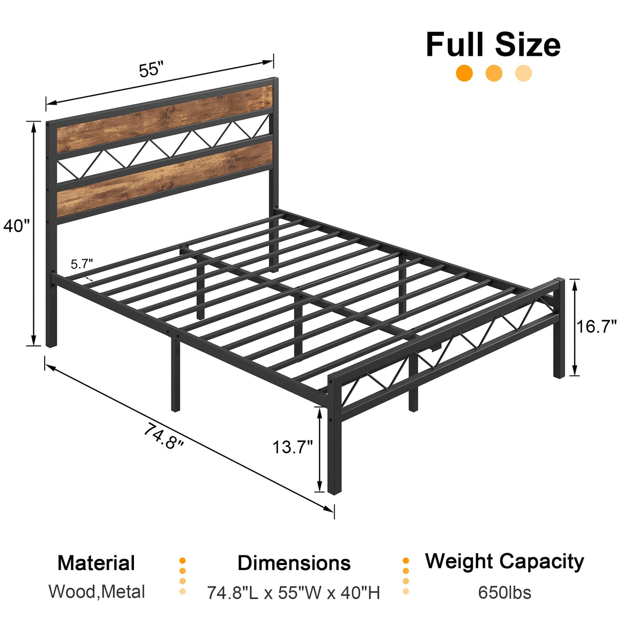 VECELO Full Size Bed Frame with Headboard, Heavy-Duty Platform Bedframe with Metal Slats Support, No Box Spring Needed, Easy Assembly, Black & Brown VECELO