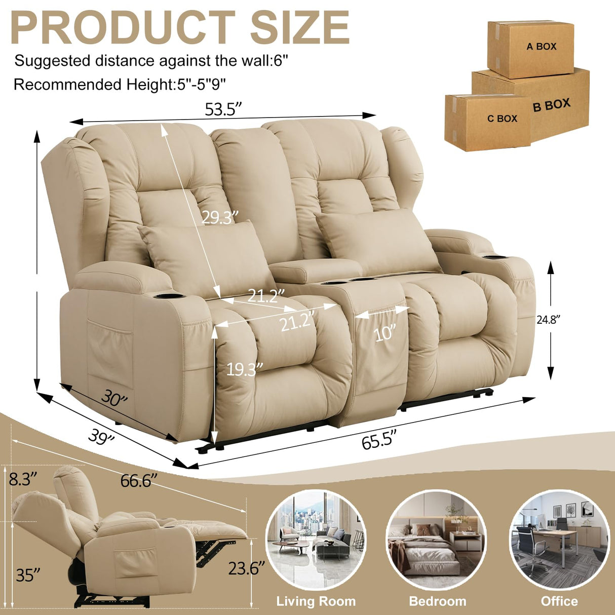 SAMERY 65.5" RV Loveseat Recliner Double Recliner RV Sofa & Console | Wall Hugger Loveseat Reclining RV | RV Theater Seats | RV Couch | RV Home Theater Seating Furniture (Fabric Beige) SAMERY
