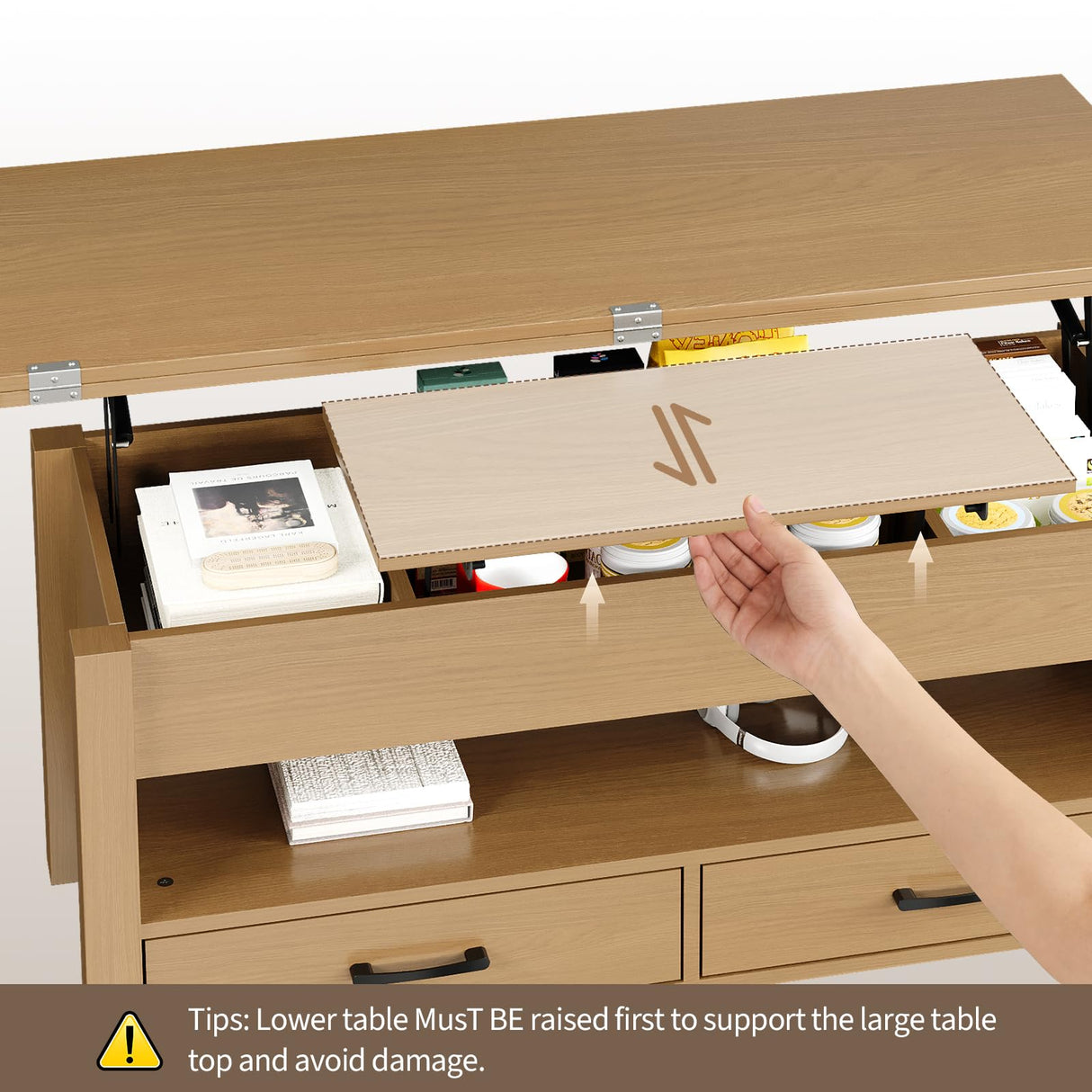 Garvee 40" Coffee Table Lift Top, Multi-Function Convertible Coffee Table with Drawers and Hidden Compartment, Converts to Dining Table for Living Room, Raw Wood Garvee