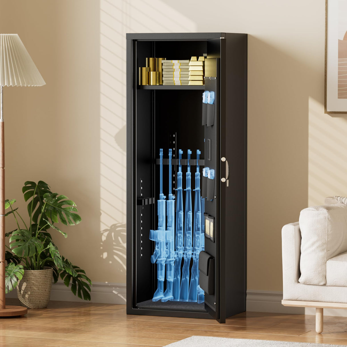 Greenvelly 10-14 Gun Safe for Rifles and Pistols, Quick Access Gun Safe with Adjustable Gun Rack and Keypad Lock, Lockable Gun Cabinets with Gun Safes Pockets for Home Rifles and Shotguns Greenvelly