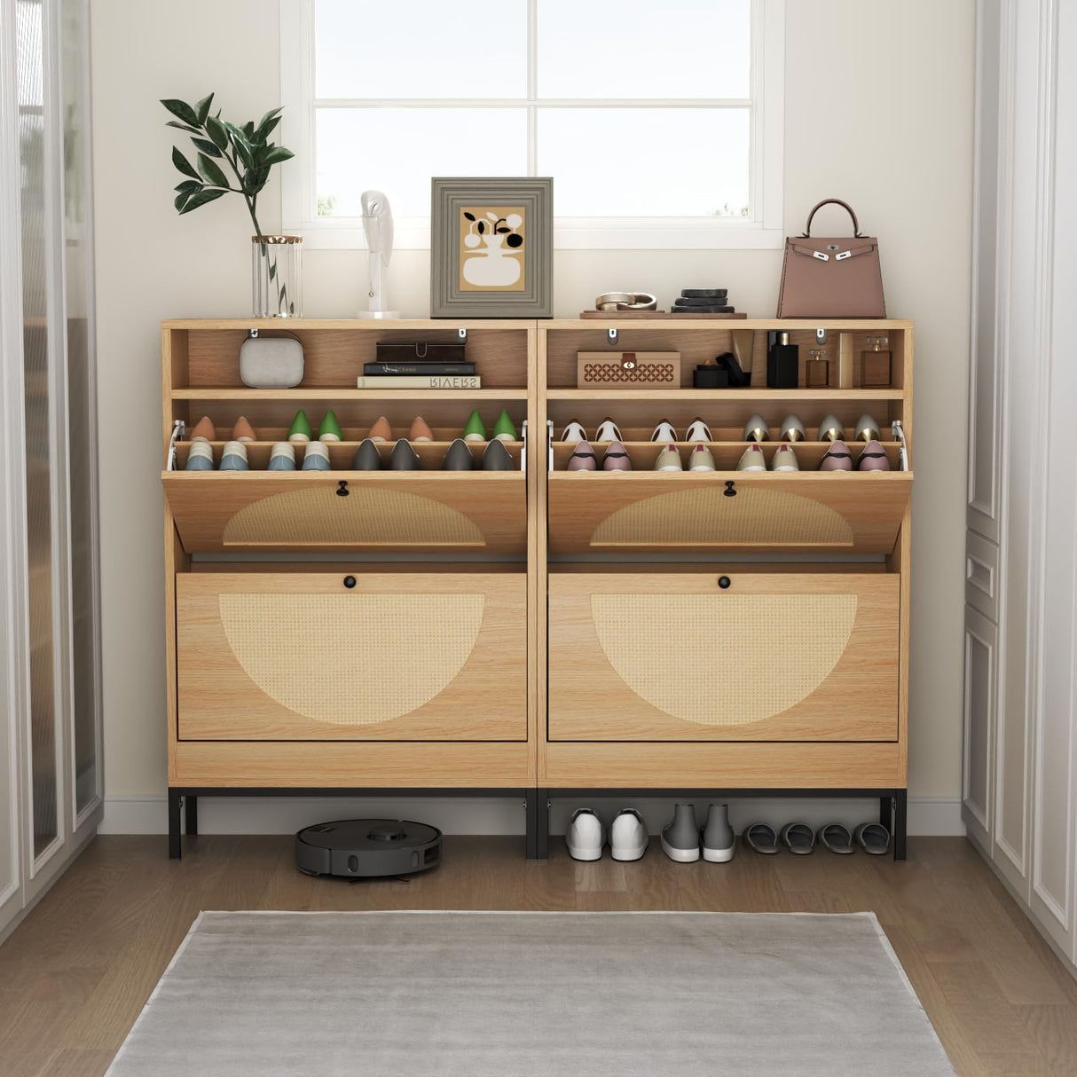 Gyfimoie Rattan Shoe Cabinet with 2 Flip Drawers, Free Standing Narrow Shoe Storage Organizer with Top Cubby, Slim Shoe Rack Cabinet for Entryway, Natural (Natural) Gyfimoie