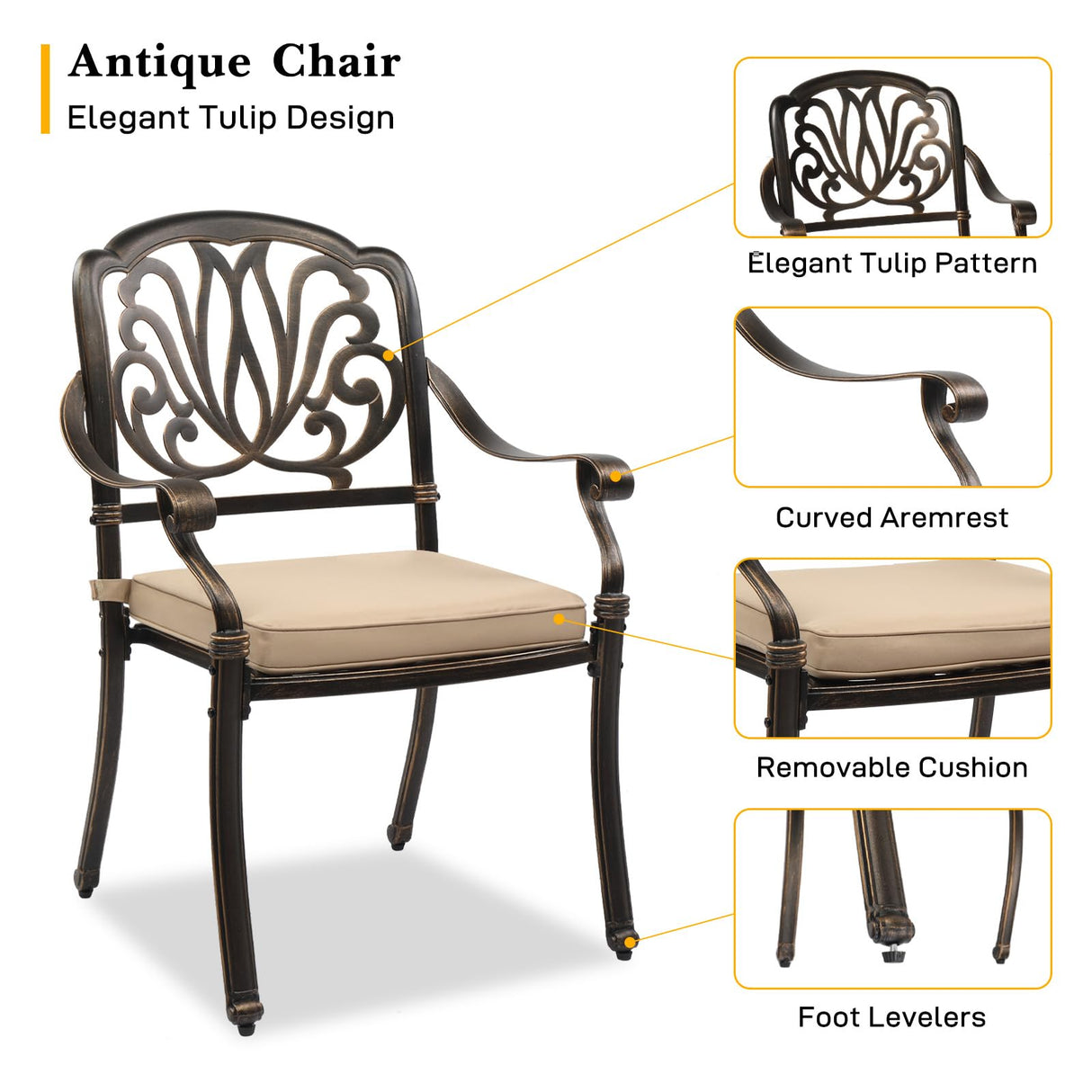 VINGLI Outdoor Dining Chairs Set of 2 Aluminum Patio Chairs, Cast Aluminum Patio Furniture Aluminum Outdoor Chairs for Backyard, Poolside, Balcony Bronze (with Cushion) VINGLI