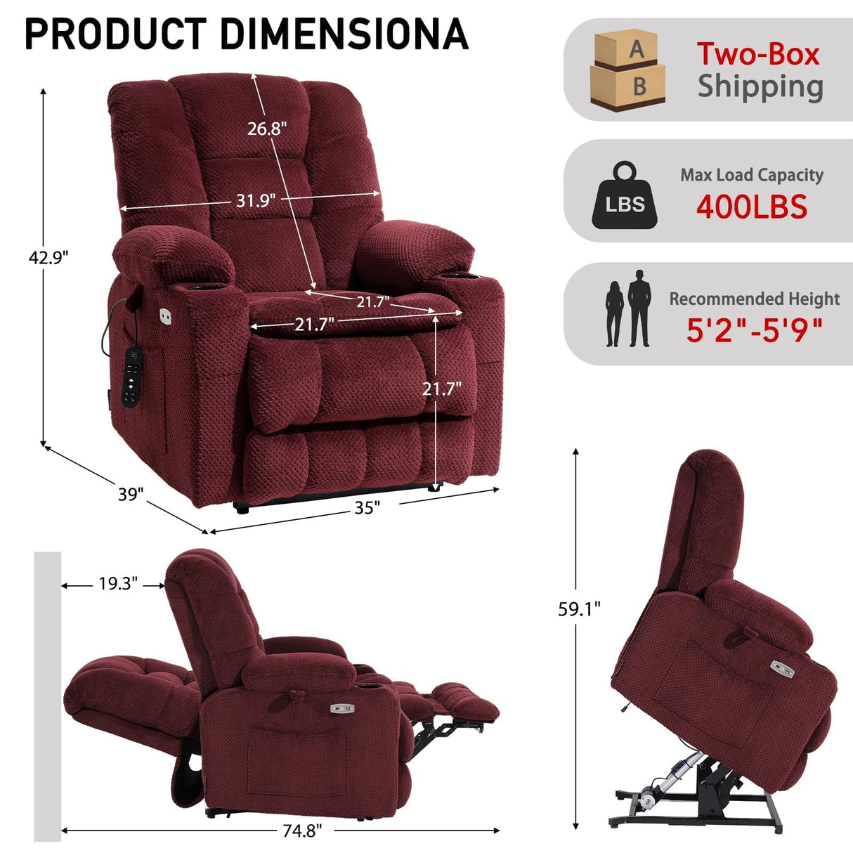 EONIX Dual Motor Lay Flat Power Lift Recliner Chair for Elderly, Electric Recliner Lift Chairs for Adults with Cup Holders, 400lbs Heavy Duty Power Recliner Sofa with Heat and Massage, Burgundy EONIX