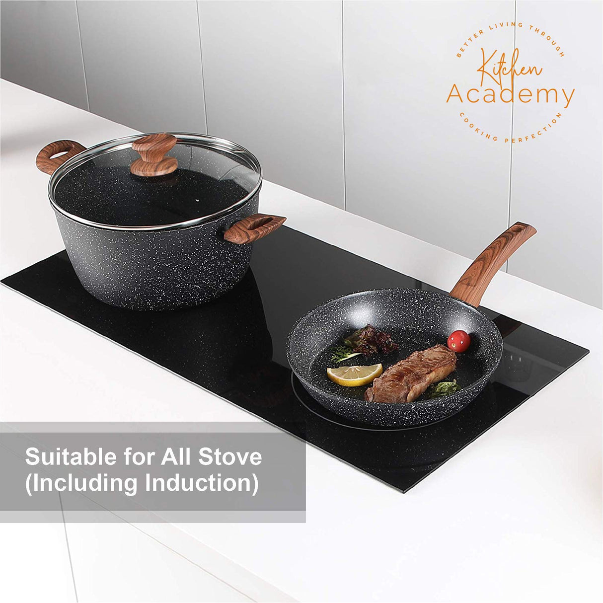 Kitchen Academy Induction Cookware Sets - 12 Piece Cooking Pan Set, Granite Black Nonstick Pots and Pans Set Kitchen Academy