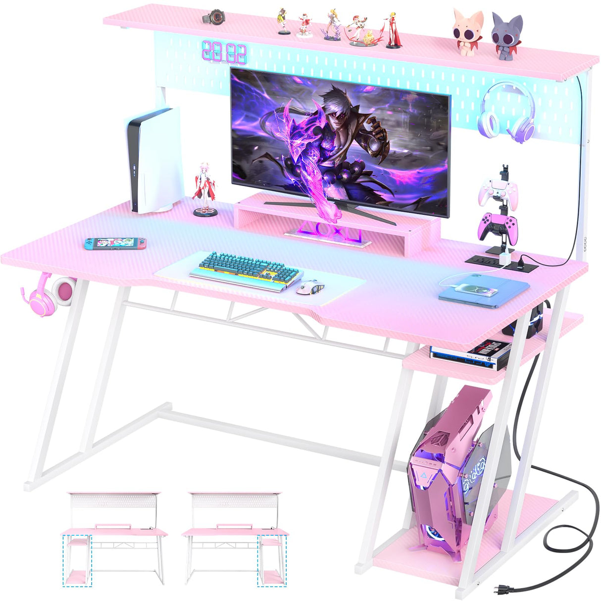 Pink Gaming Desk with Hutch and LED Lights, 55" Computer Desk with Storage Shelves, Reversible PC Gaming Desk with Pegboard, Gaming Table Gamer Desk for Bedroom, Carbon Fiber Pink armocity