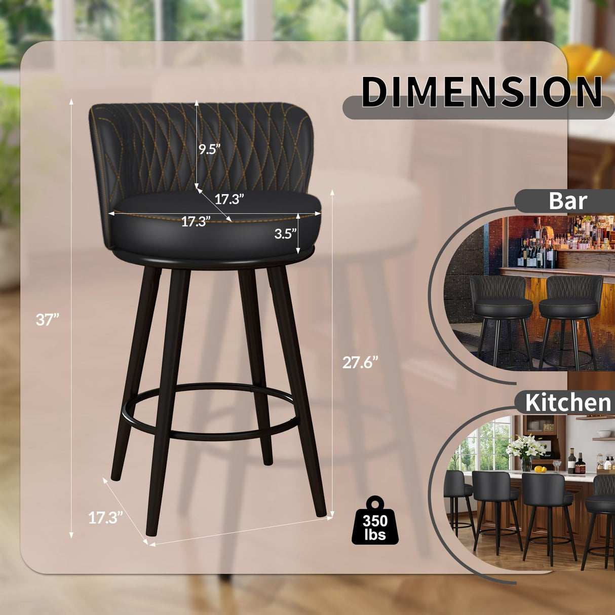 HONIFUR Bar Stools Set of 2, 27 Inch Barstools with Sturdy Legs, Leather Farmhouse Counter Height Bar Stool for Kitchen, Dining, Bar (Swivel, Black, Leather) HONIFUR