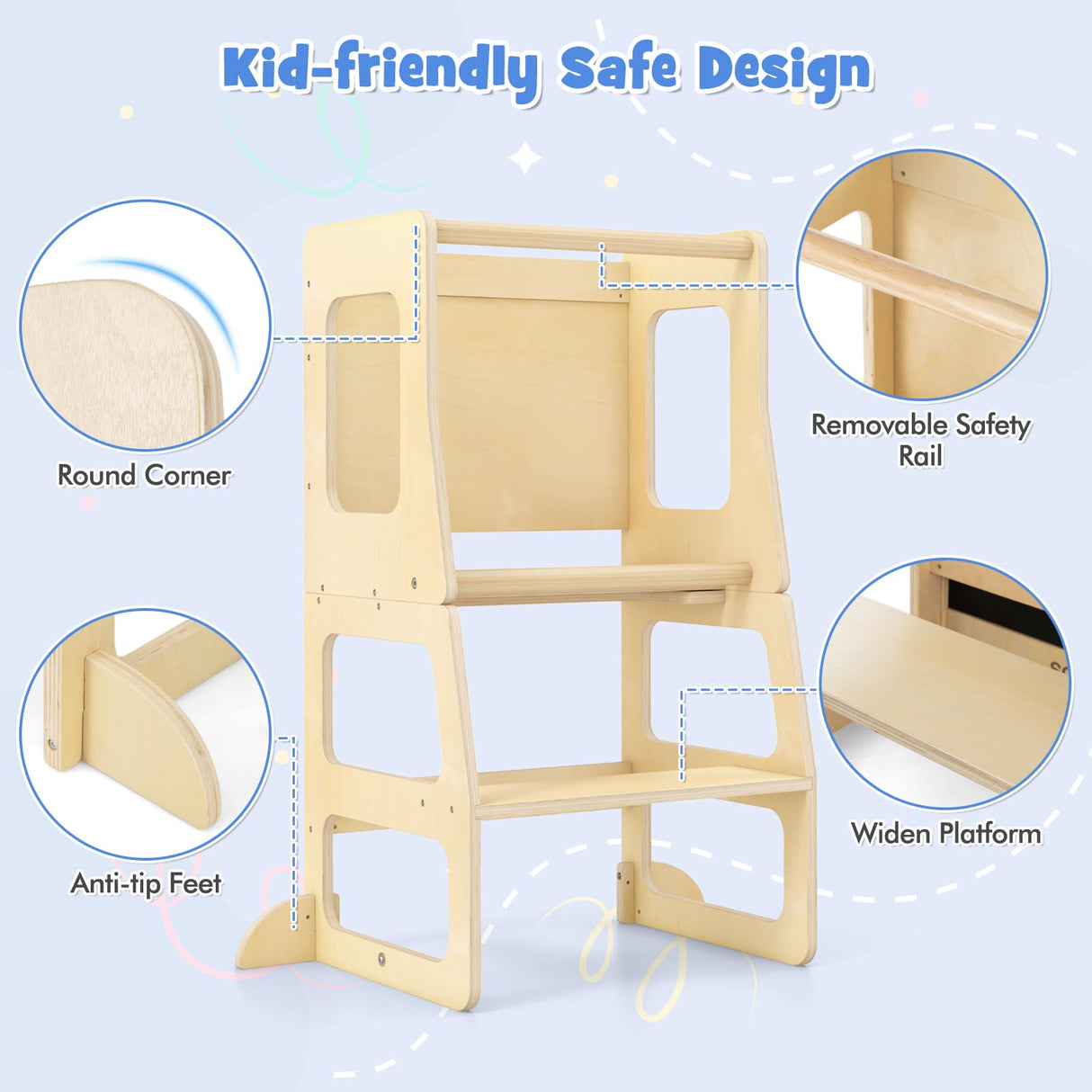 OLAKIDS Toddler Tower, 4 in 1 Foldable Kitchen Stool Learning Standing Tower with Chalkboard Removable Safety Rail, Kids Wooden Collapsible Montessori Step Stool Table and Chair Set Olakids
