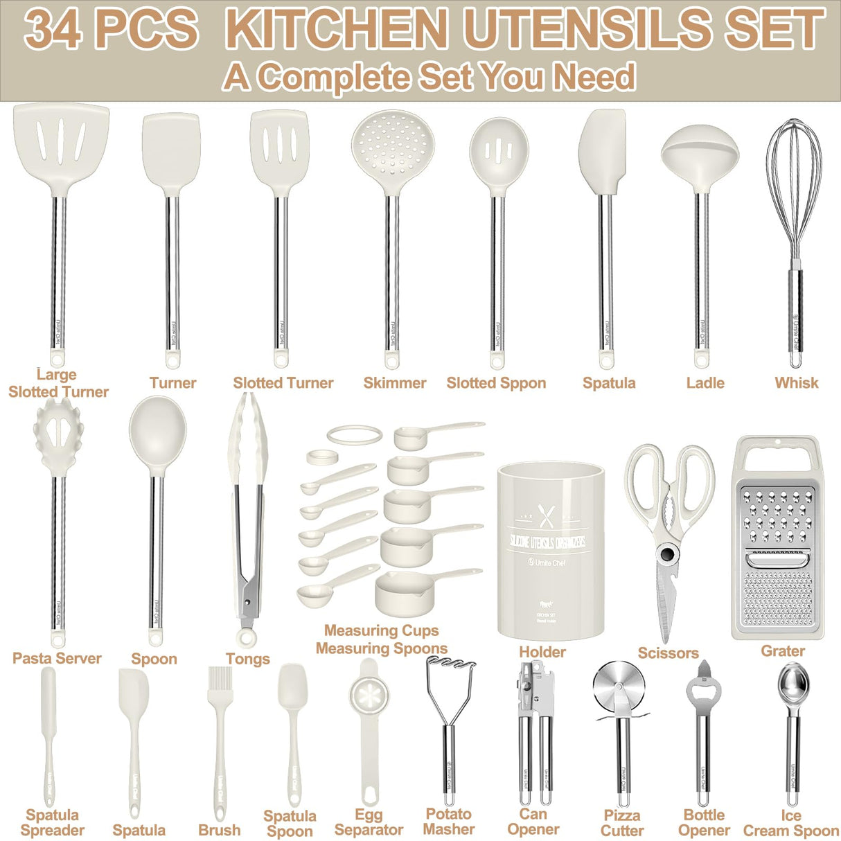 Kitchen Utensils Set-Umite Chef 34 Pcs Silicone Cooking Utensils Set for Nonstick Cookware-Silicone Spatulas Set, Stainless Steel Handle-White Kitchen Gadgets Tools, Pots and Pans Accessories Umite Chef