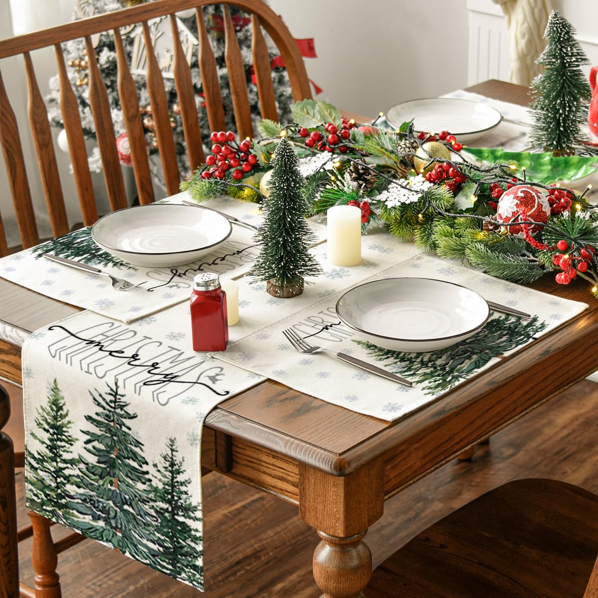 Artoid Mode Beige Pine Tree Snowflake Merry Christmas Placemats Set of 4, 12x18 Inch Seasonal Winter Xmas Holiday Table Mats for Party Kitchen Dining Decoration Artoid Mode