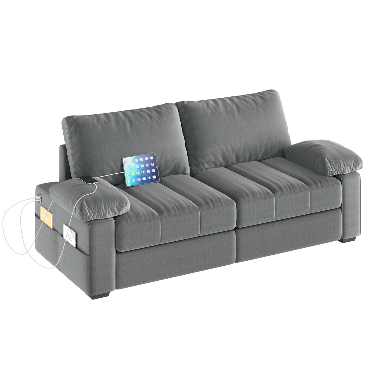 Yaheetech 79" Sofa Couch Modern Velvet Couch with Removable Covers & USB Ports Oversized Loveseat Sofas with Storage Pockets for Living Room Bedroom Apartment Gray Yaheetech