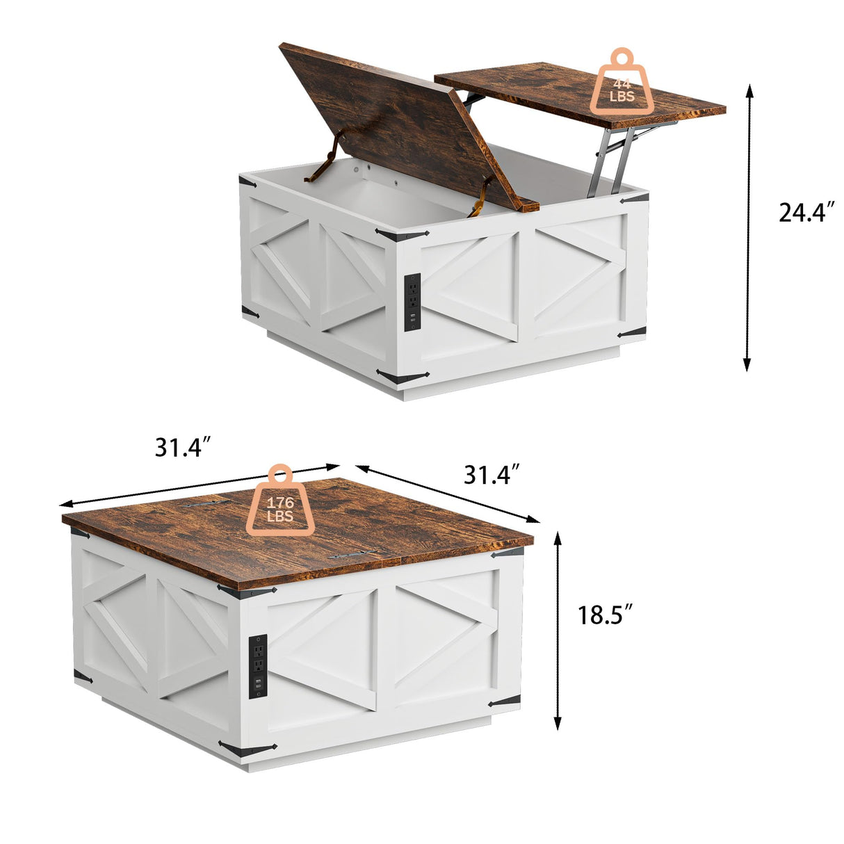 Dutsalrun Lift-Up Coffee Table with LED Storage and Charging Station | Farmhouse Square Lift-Up Table | Living Room Bench with Hidden Storage Dutsalrun