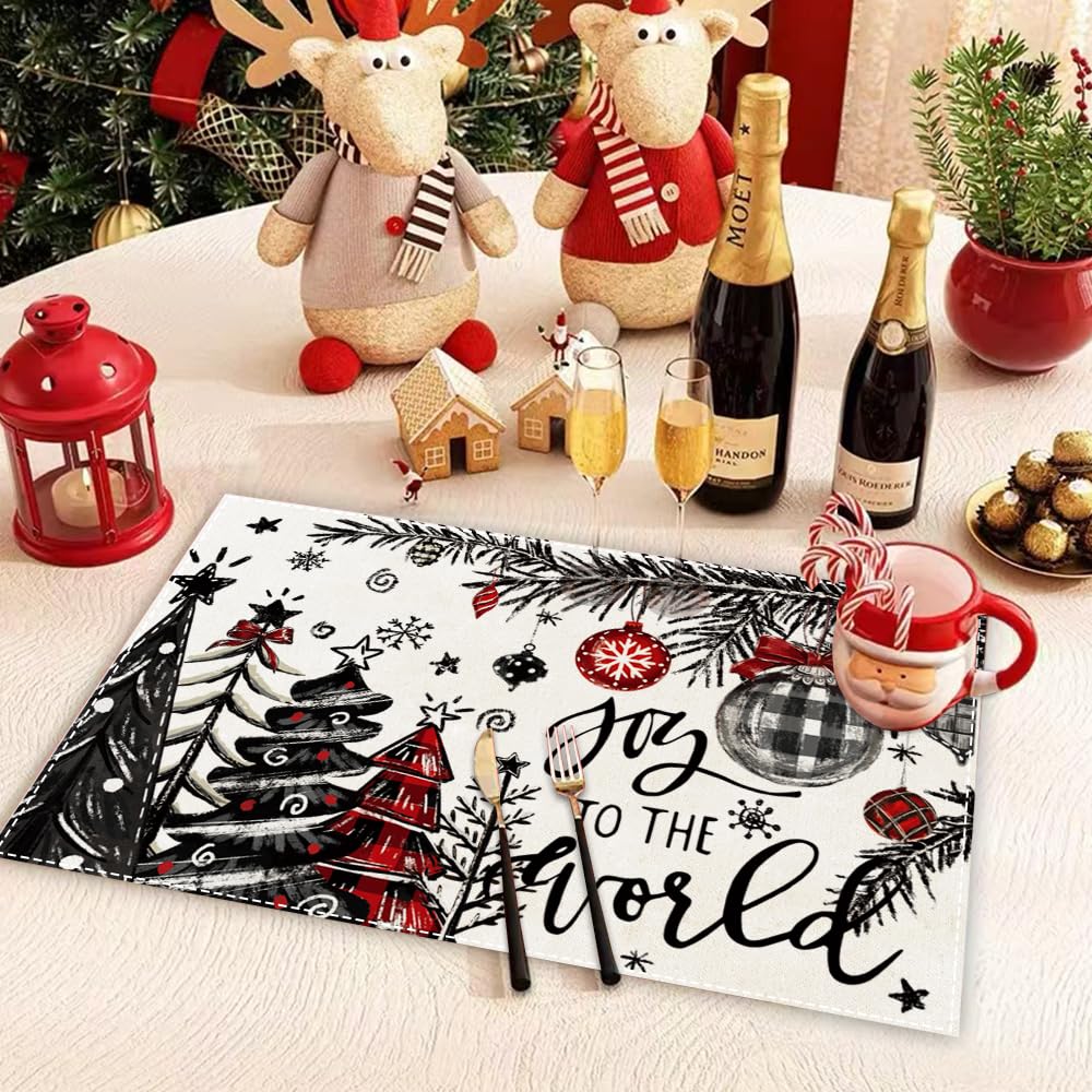 Heirloom Haven Christmas Placemats Set of 4, 12x18 Inch Christmas Tree Xmas Ball Table Mats Winter Joy to The World Seasonal Holiday Place Mat Table Decoration for Kitchen Dining Home Party Decor Heirloom Haven
