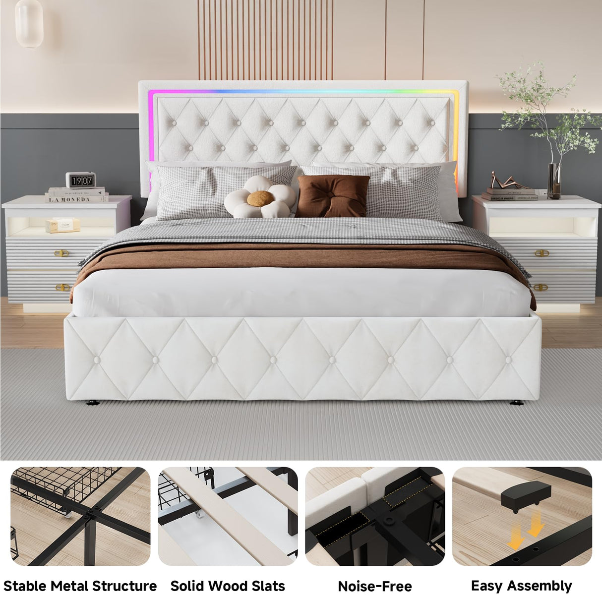 LED Queen Bed Frame with 4 Storage Drawers and Adjustable Headboard, Modern Velvet Upholstered Platform Bed Frame Queen Size with Charging Station, Wooden Slats Support, No Box Spring Needed, White QFP